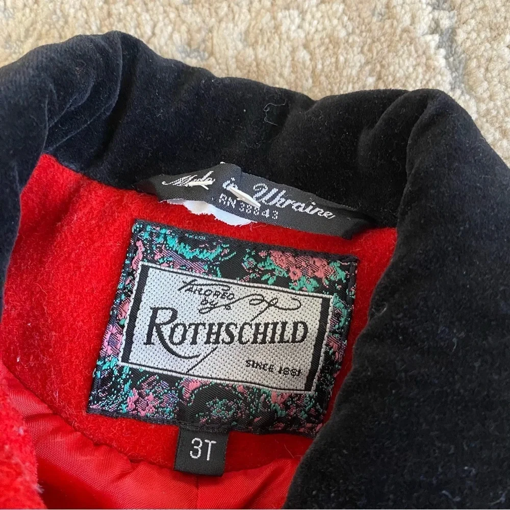 Rothschild Vintage Classic Red Christmas Coat Black Velvet Trim and Bows Accents